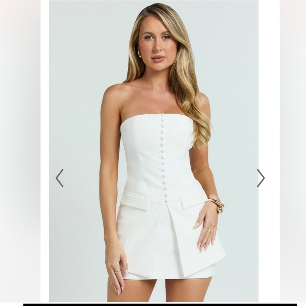 Bar III White Strapless Crop Top with Button Front